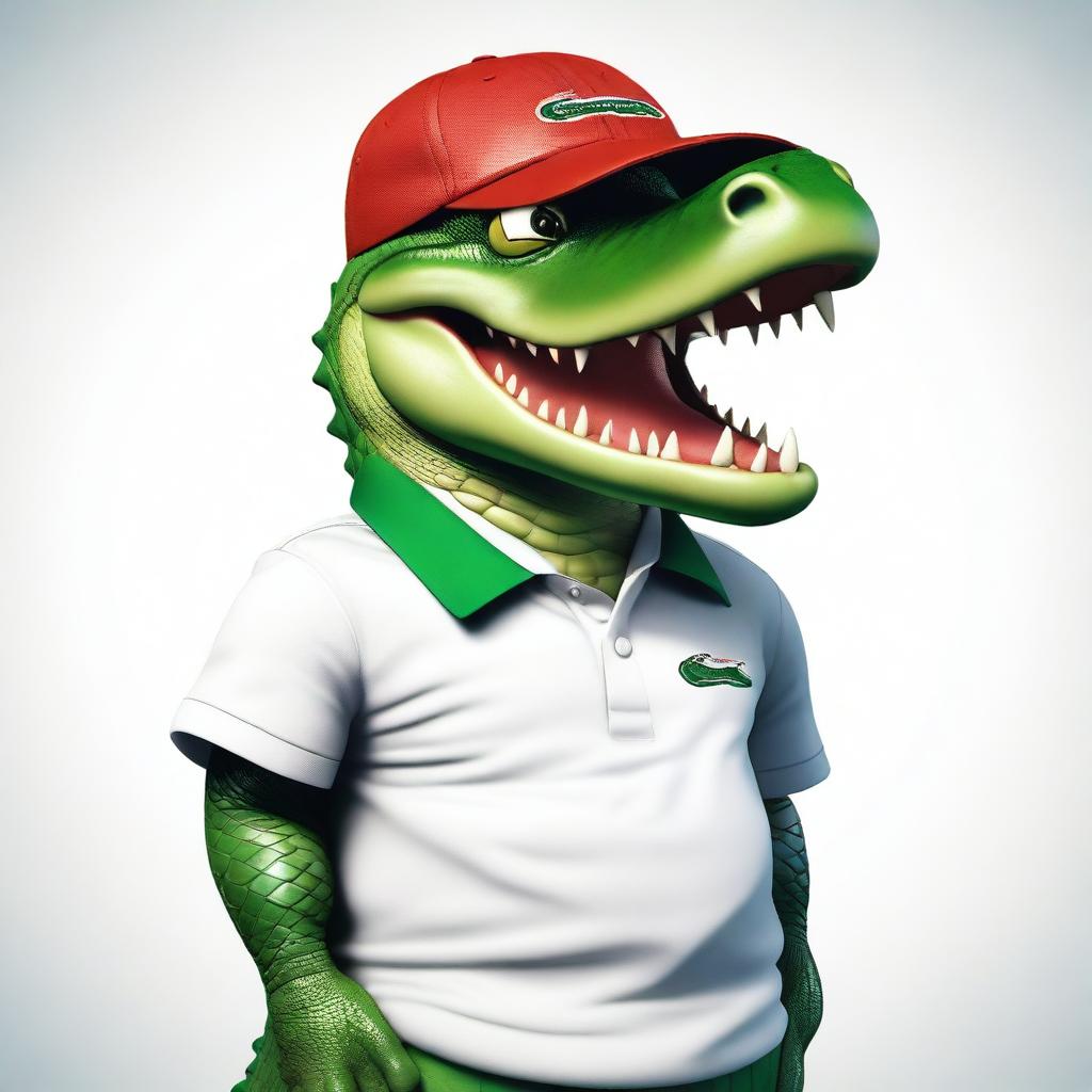 A realistic image of an extremely angry alligator wearing a Lacoste polo shirt and a baseball cap