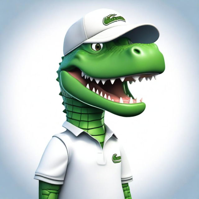 A realistic image of an extremely angry alligator wearing a Lacoste polo shirt and a baseball cap