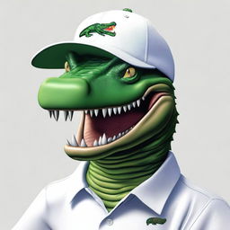 A realistic image of an extremely angry alligator wearing a Lacoste polo shirt and a baseball cap