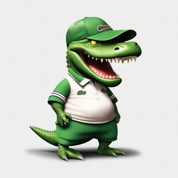 A realistic image of an extremely angry alligator wearing a Lacoste polo shirt and a baseball cap