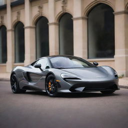 A high-performance sports car featuring the sleek design of a McLaren fused with the timeless elegance and luxury of an Aston Martin.