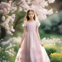 A young girl wearing a beautiful dress, standing in a serene garden with flowers blooming around her