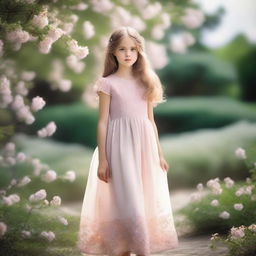 A young girl wearing a beautiful dress, standing in a serene garden with flowers blooming around her