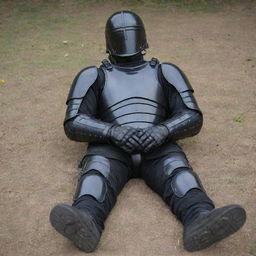 A weary military soldier fully outfitted in black armour, reposing full length on the ground, asleep after a long day's duty.