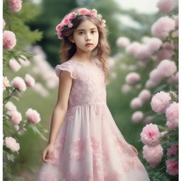 A young girl wearing a beautiful dress, standing in a serene garden with flowers blooming around her