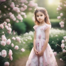 A young girl wearing a beautiful dress, standing in a serene garden with flowers blooming around her