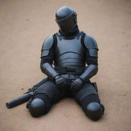 A weary military soldier fully outfitted in black armour, reposing full length on the ground, asleep after a long day's duty.