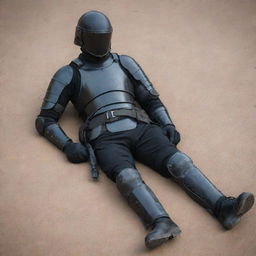 A weary military soldier fully outfitted in black armour, reposing full length on the ground, asleep after a long day's duty.