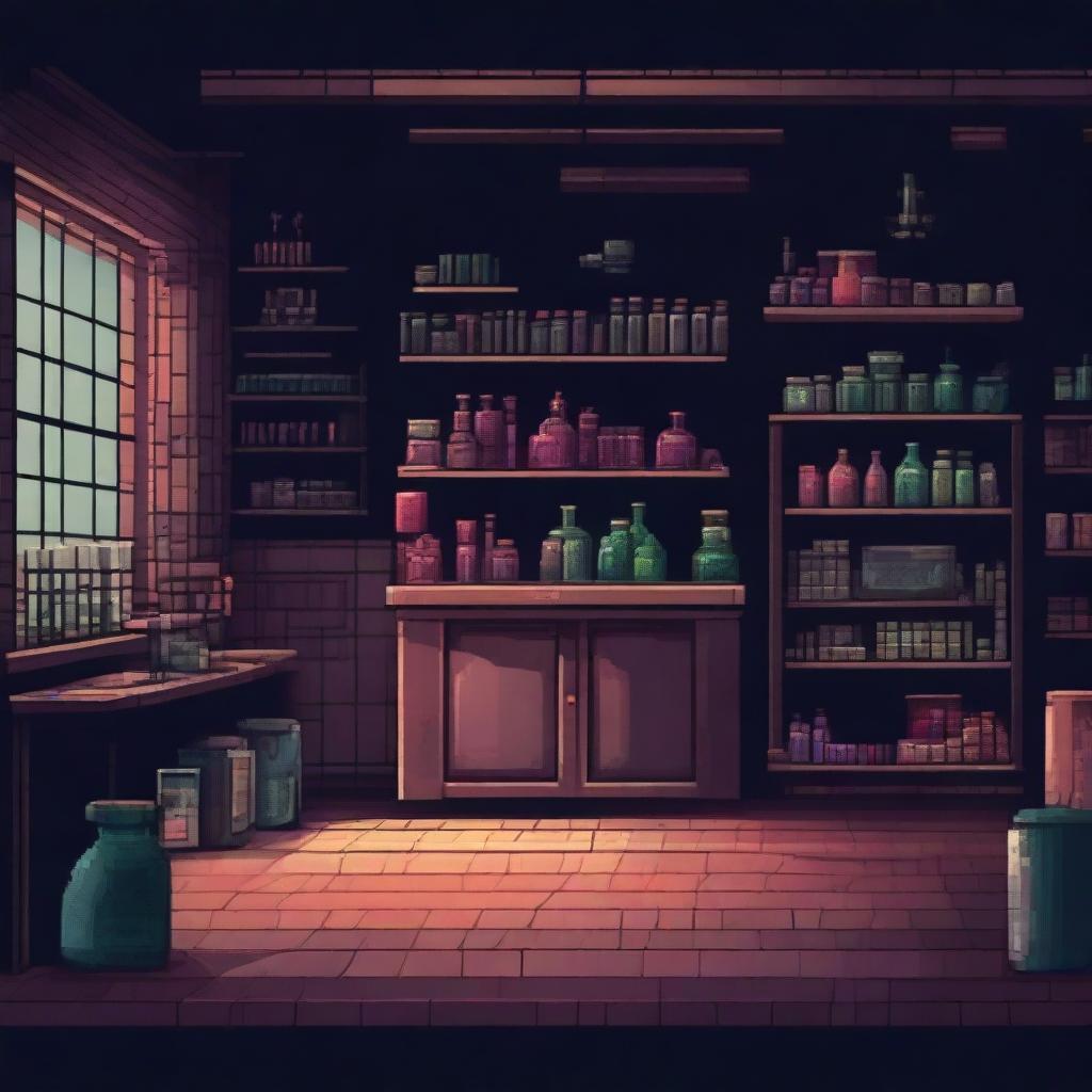 Create a 1024x1024 pixel game scene depicting the dark and ancient laboratory of Dr