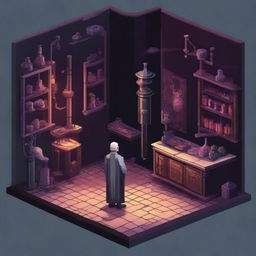 Create a 1024x1024 pixel game scene depicting the dark and ancient laboratory of Dr