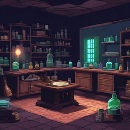 Create a 1024x1024 pixel game scene depicting the dark and ancient laboratory of Dr