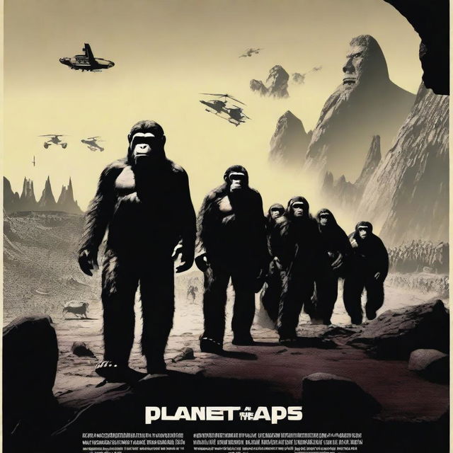 A movie poster for 'Planet of the Apes' featuring a dramatic and futuristic landscape with intelligent apes and humans in conflict