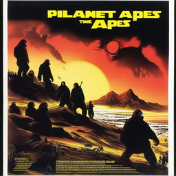 A movie poster for 'Planet of the Apes' featuring a dramatic and futuristic landscape with intelligent apes and humans in conflict