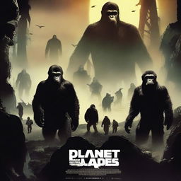 A movie poster for 'Planet of the Apes' featuring a dramatic and futuristic landscape with intelligent apes and humans in conflict