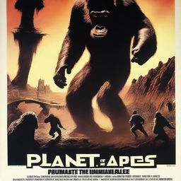 A movie poster for 'Planet of the Apes' featuring a dramatic and futuristic landscape with intelligent apes and humans in conflict