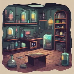 Create a 2D game scene of 513x512 pixels depicting the dark and modern ancient laboratory of Dr