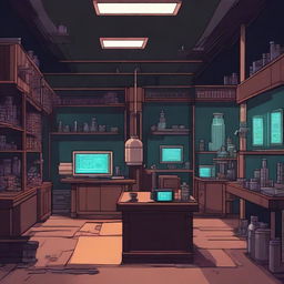 Create a 2D game scene of 513x512 pixels depicting the dark and modern ancient laboratory of Dr