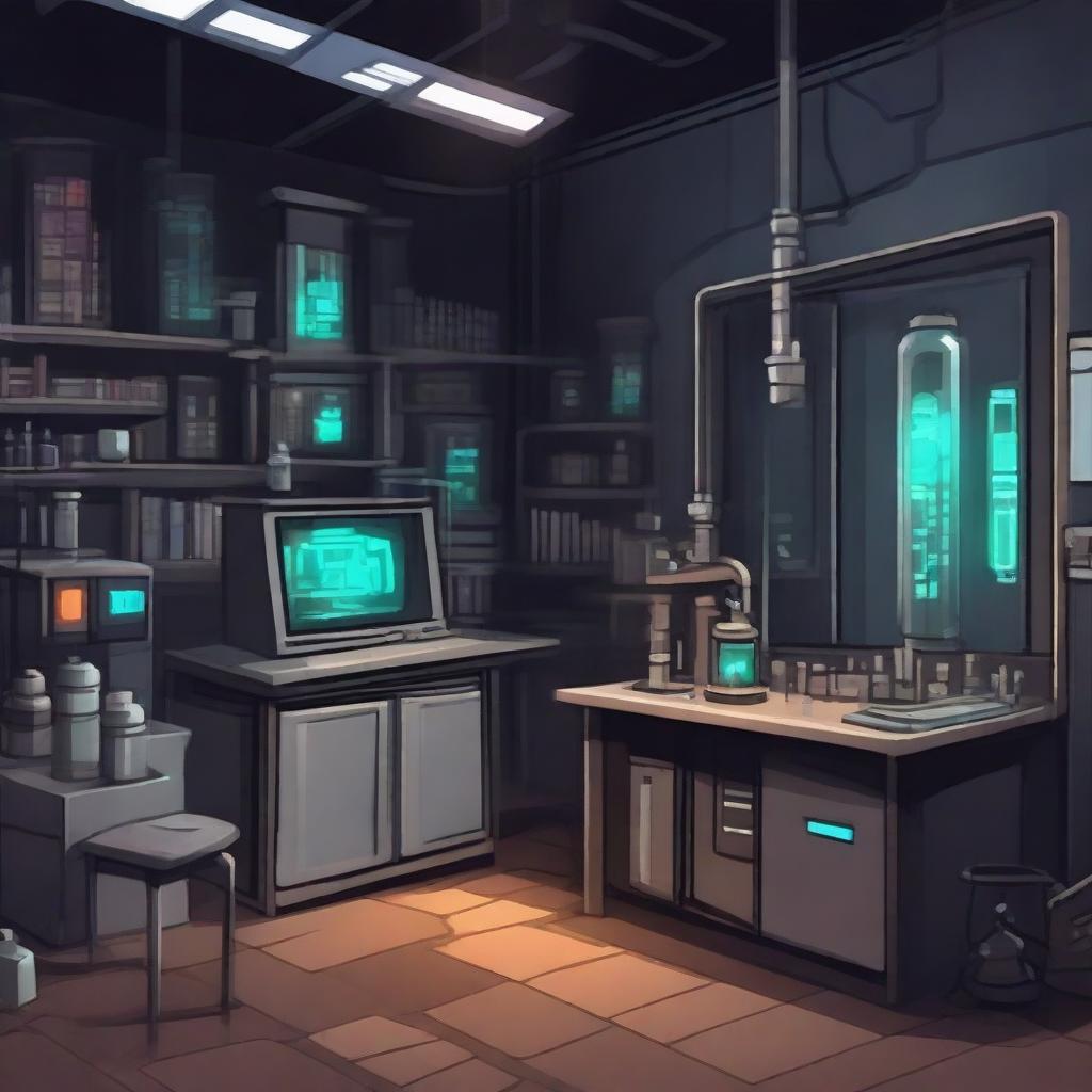 Create a 2D game scene of 513x512 pixels depicting the dark and modern ancient laboratory of Dr