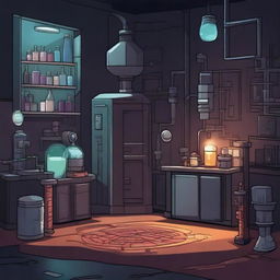 Create a 2D game scene of 513x512 pixels depicting the dark and modern ancient laboratory of Dr