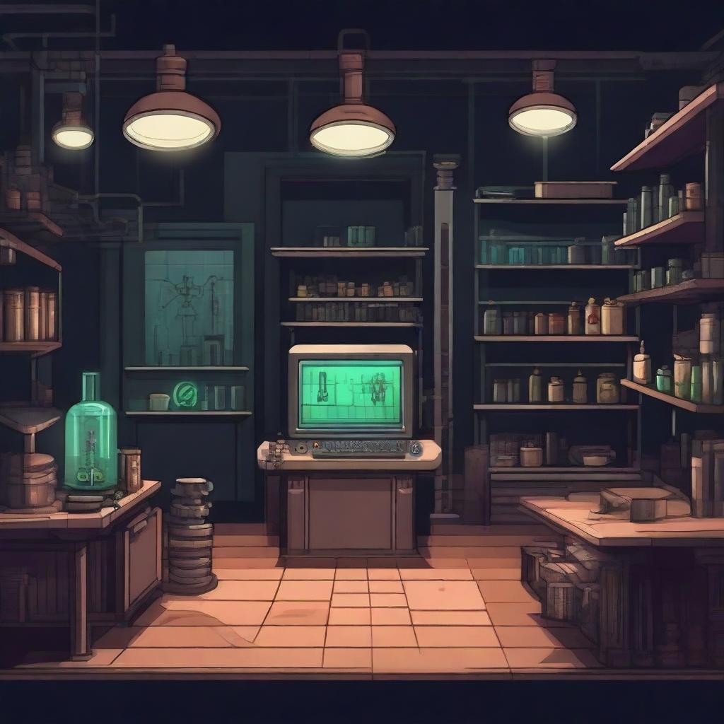 Create a 2D game scene of 512x512 pixels depicting the dark, modern, and terrifying ancient laboratory of Dr