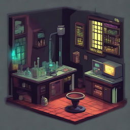 Create a 2D game scene of 512x512 pixels depicting the dark, modern, and terrifying ancient laboratory of Dr