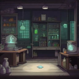 Create a 2D game scene of 512x512 pixels depicting the dark, modern, and terrifying ancient laboratory of Dr