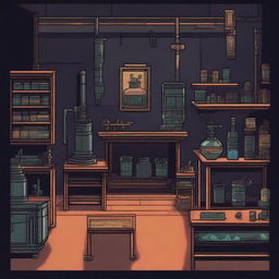 Create a 2D game scene of 512x512 pixels depicting the dark, modern, and terrifying ancient laboratory of Dr