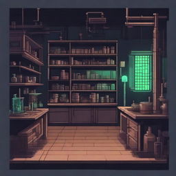 Create a 2D game scene of 512x512 pixels depicting the dark, modern, and terrifying abandoned ancient laboratory of Dr