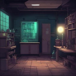 Create a 2D game scene of 512x512 pixels depicting the dark, modern, and terrifying abandoned ancient laboratory of Dr