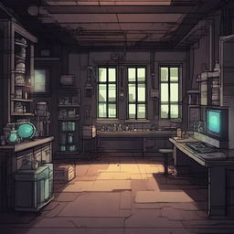 Create a 2D game scene of 512x512 pixels depicting the dark, modern, and terrifying abandoned ancient laboratory of Dr