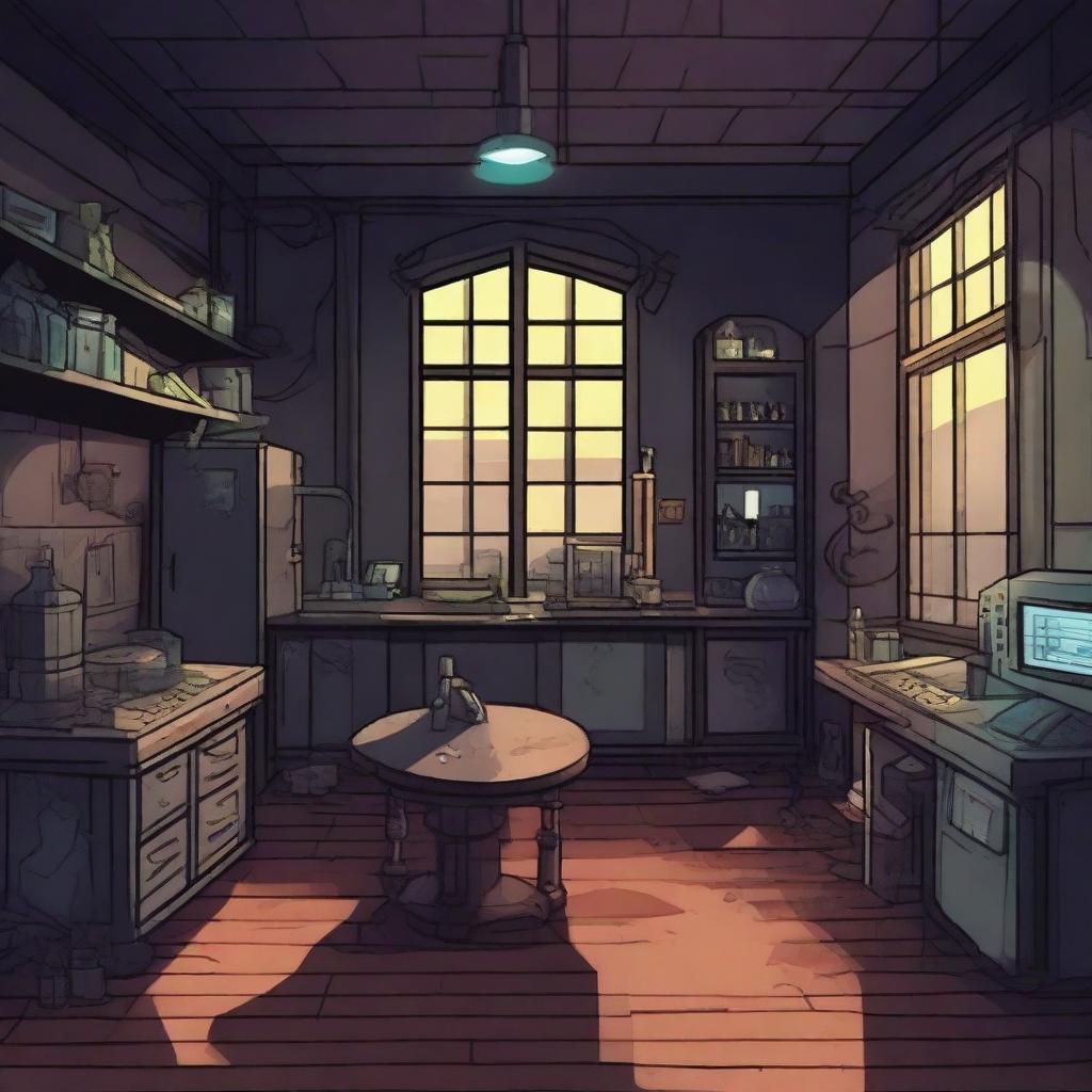 Create a 2D game scene of 512x512 pixels depicting the dark, modern, and terrifying abandoned ancient laboratory of Dr