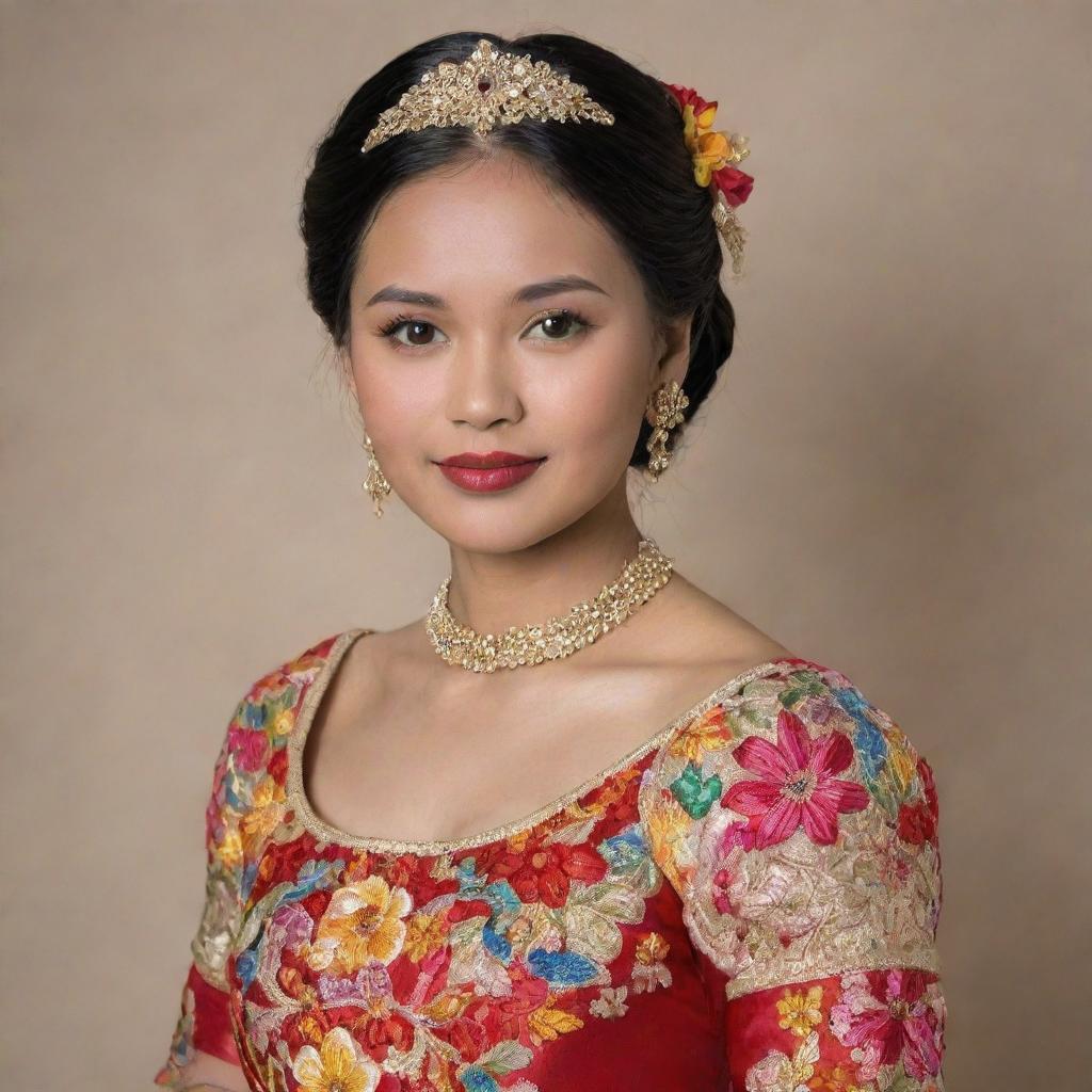 A graceful Filipina woman adorned in an elegant, traditional Filipiniana costume, displaying intricate embroidery and vivid colors.