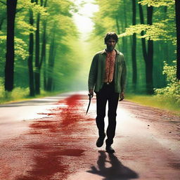 A man walking along the road in the summertime, carrying a bloody knife