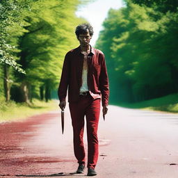 A man walking along the road in the summertime, carrying a bloody knife