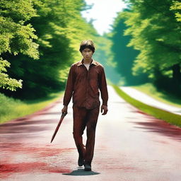 A man walking along the road in the summertime, carrying a bloody knife