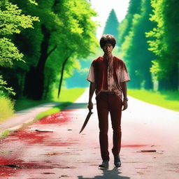 A man walking along the road in the summertime, carrying a bloody knife