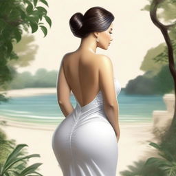 A tasteful artistic depiction of a curvy woman showing her back side, with an emphasis on elegance and beauty