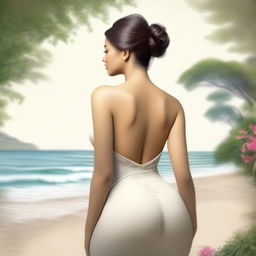 A tasteful artistic depiction of a curvy woman showing her back side, with an emphasis on elegance and beauty