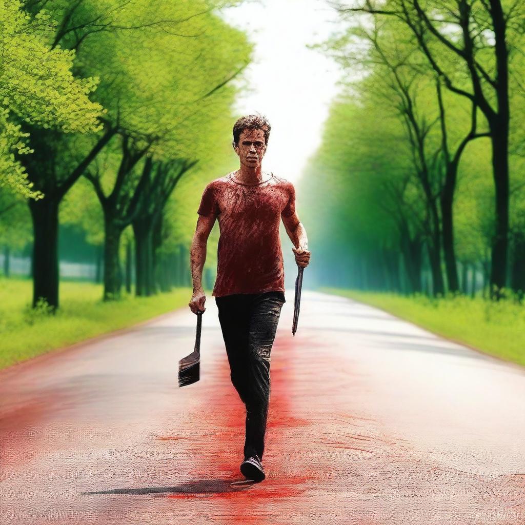 A man running along the road in the summertime, carrying a bloody knife