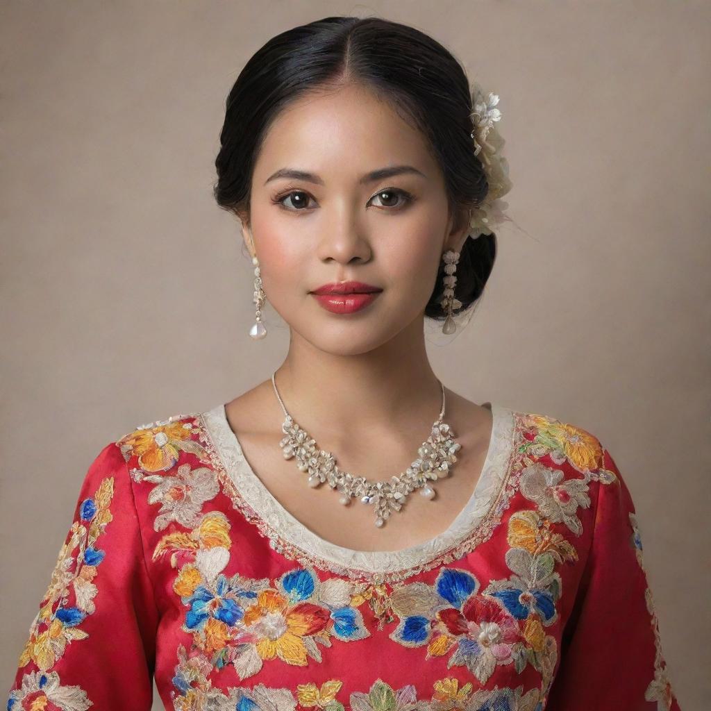 A graceful Filipina woman adorned in an elegant, traditional Filipiniana costume, displaying intricate embroidery and vivid colors.