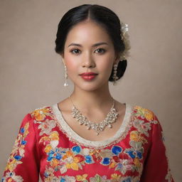 A graceful Filipina woman adorned in an elegant, traditional Filipiniana costume, displaying intricate embroidery and vivid colors.