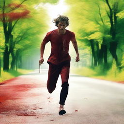 A man running along the road in the summertime, carrying a bloody knife