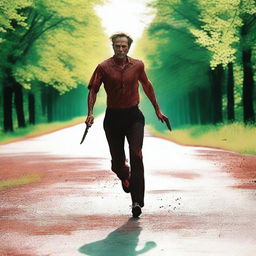 A man running along the road in the summertime, carrying a bloody knife