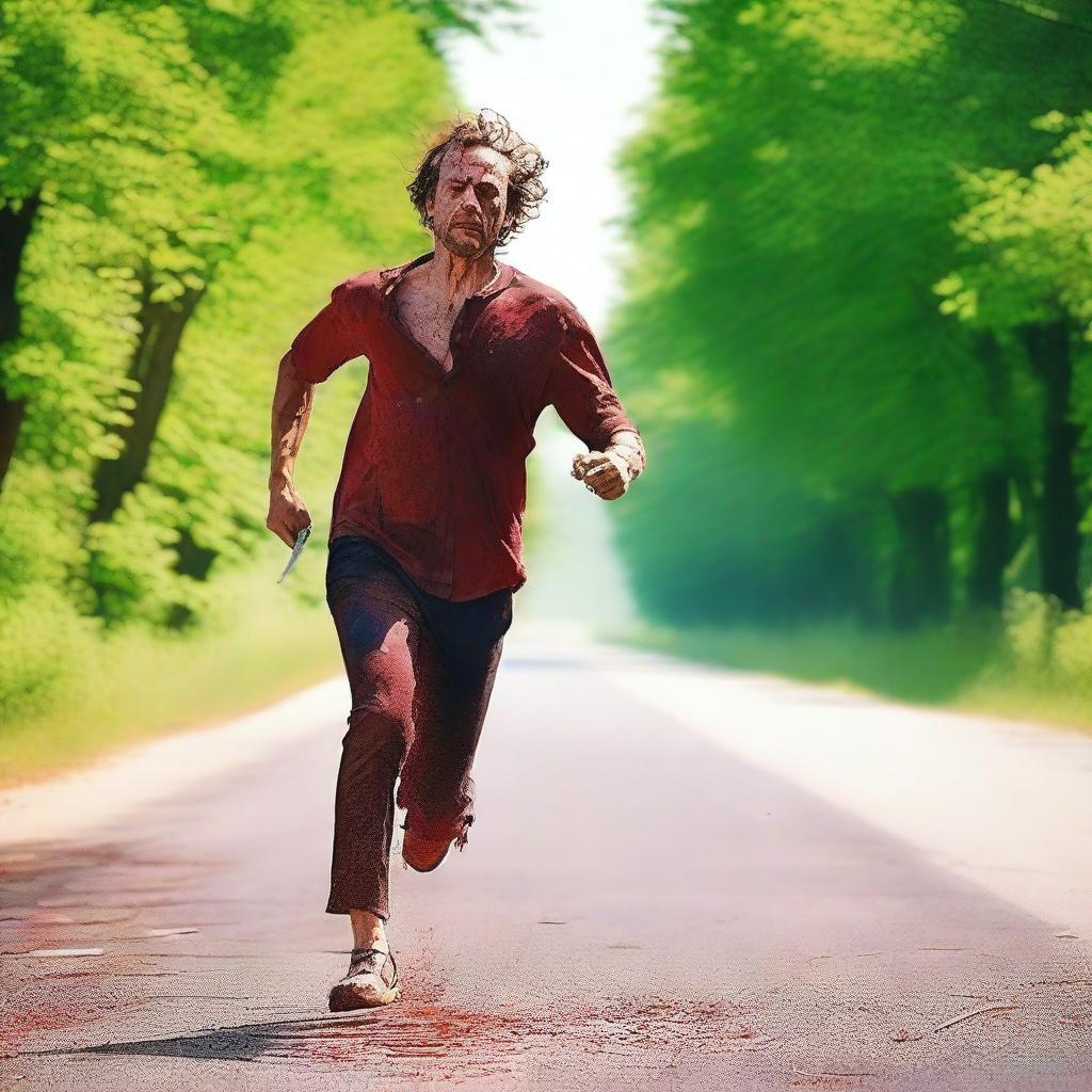 A man running along the road in the summertime, carrying a bloody knife