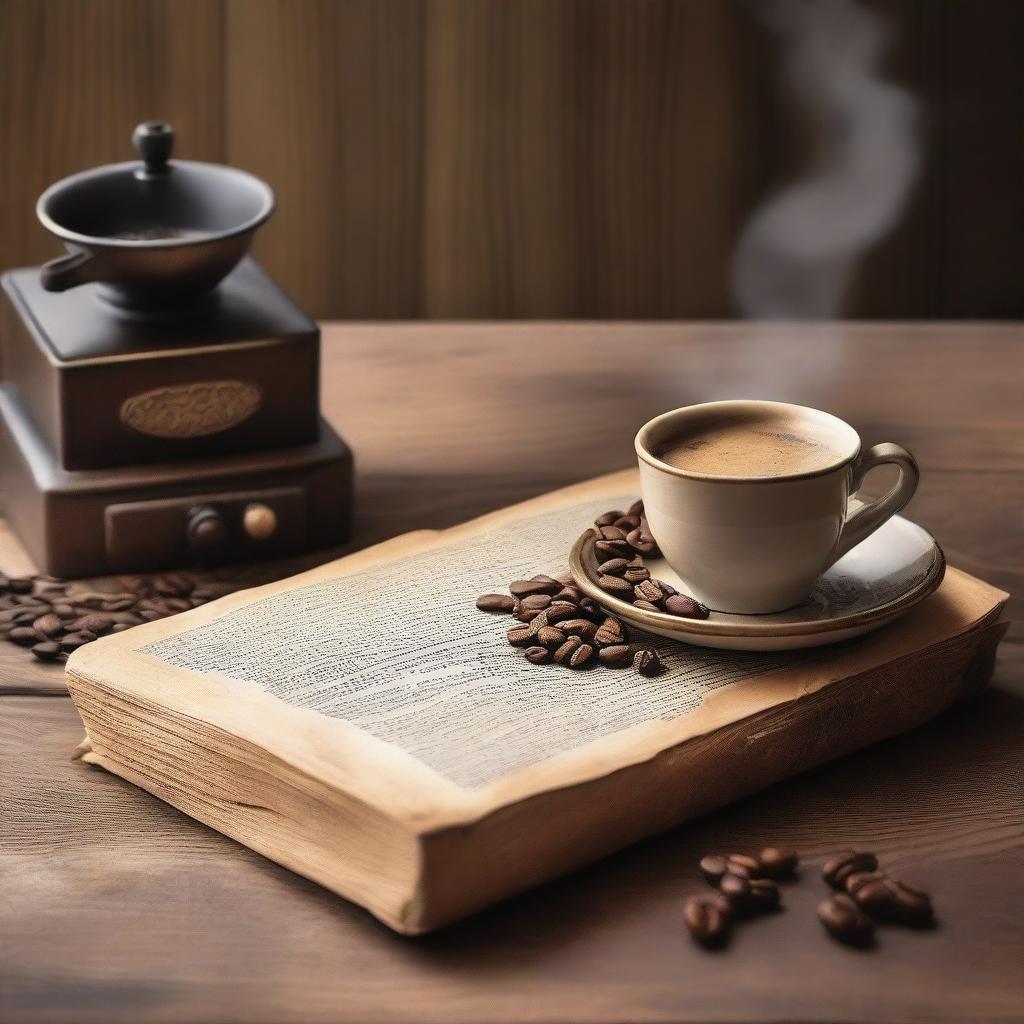 A captivating book cover featuring a steaming cup of coffee on a rustic wooden table