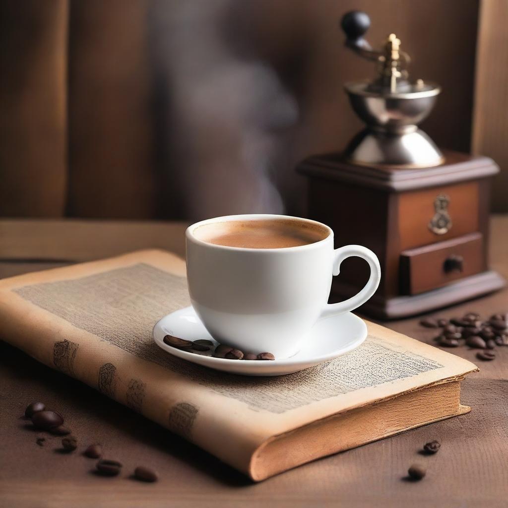 A captivating book cover featuring a steaming cup of coffee on a rustic wooden table