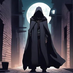 A dark and mysterious character named Nox, surrounded by shadows and wearing a cloak