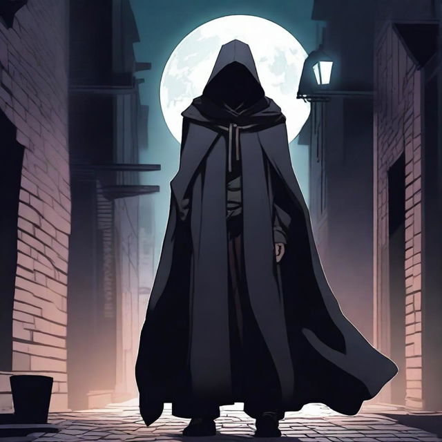 A dark and mysterious character named Nox, surrounded by shadows and wearing a cloak