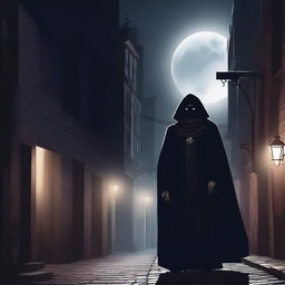 A dark and mysterious character named Nox, surrounded by shadows and wearing a cloak