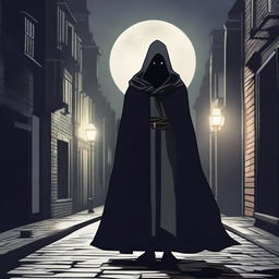 A dark and mysterious character named Nox, surrounded by shadows and wearing a cloak